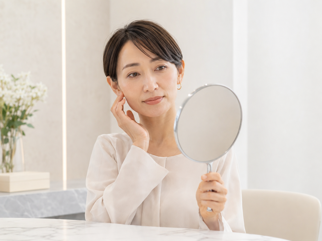ボトックス前に鏡で自然な表情を確認する女性のイメージ